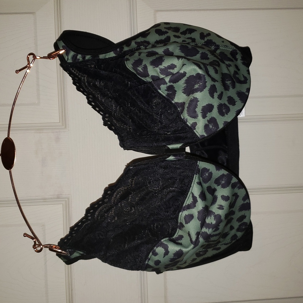 NWOT Glamorise Black & Green Lace Bra Leopard Print Front Close 44H #4919 #5007 - Picture 2 of 4